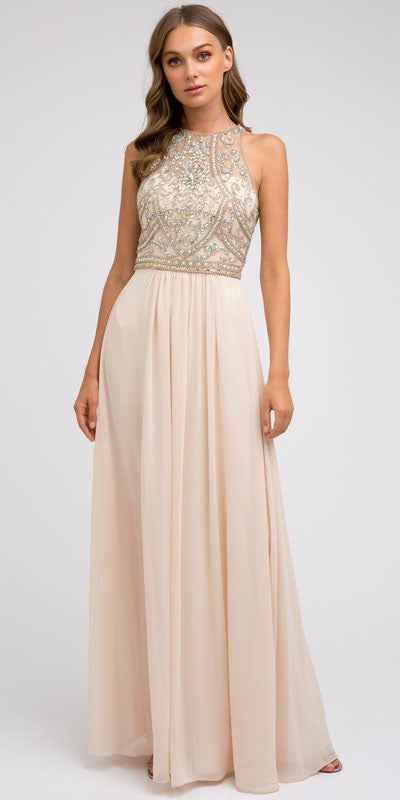 Juliet 609 A Line Chiffon Floor Length Gown Cut Out Back