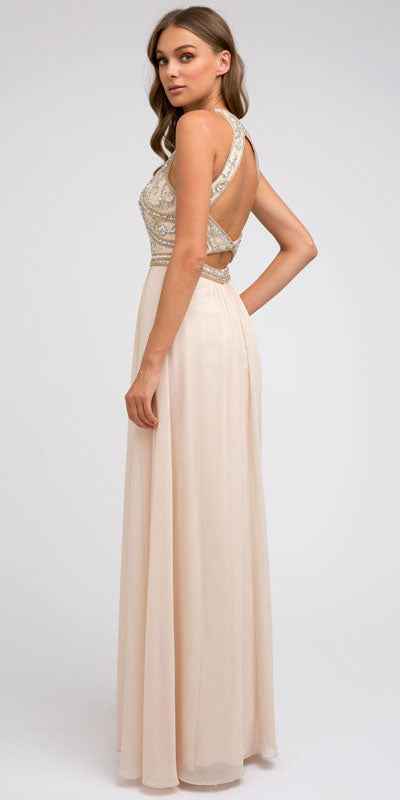 Juliet 609 A Line Chiffon Floor Length Gown Cut Out Back