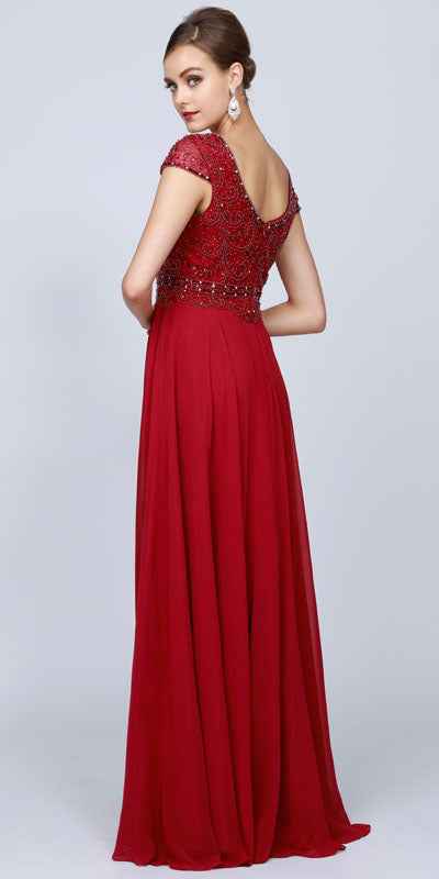 Juliet 657 Cap Sleeves Beaded Bodice A-line Long Dress