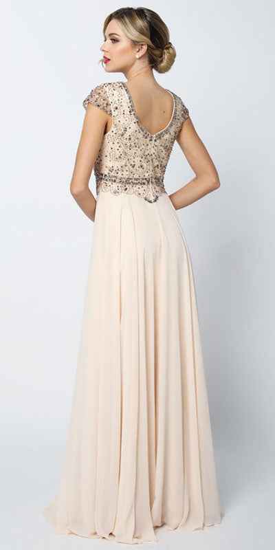 Juliet 657 Cap Sleeves Beaded Bodice A-line Long Dress