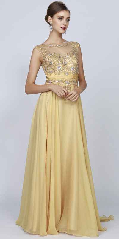 Juliet 552 Long Jewel Neckline Studded Bodice A-Line Gown