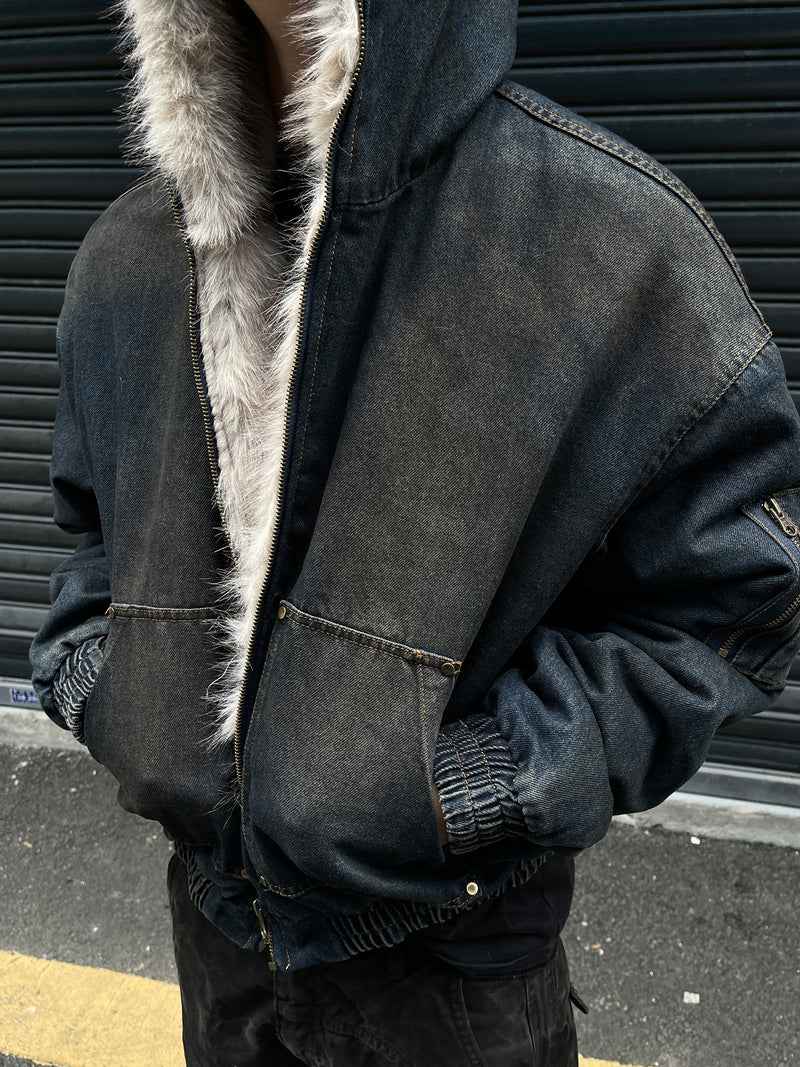 Washed Denim Fur | Hooded Jacket