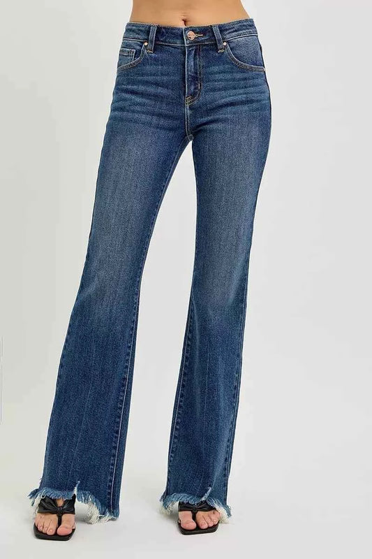 RISEN Full Size Mid Rise Flare Frayed Hem Jeans Plus Size