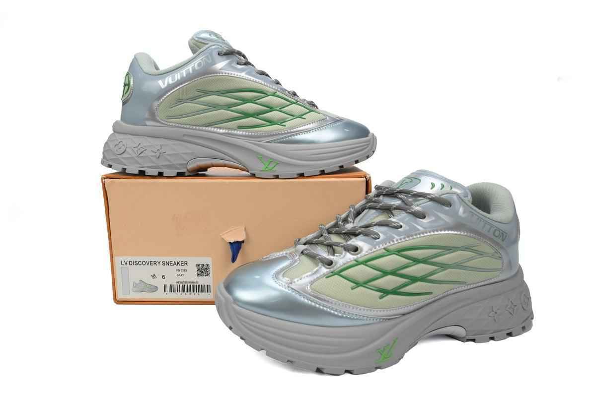 Custom LV Discovery Lace Up White Silver Green SneakerNational