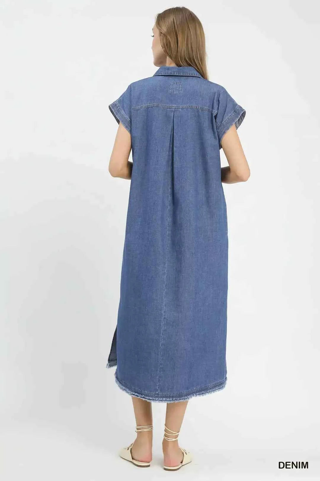 Umgee Stone Washed Collared Denim Midi Dress