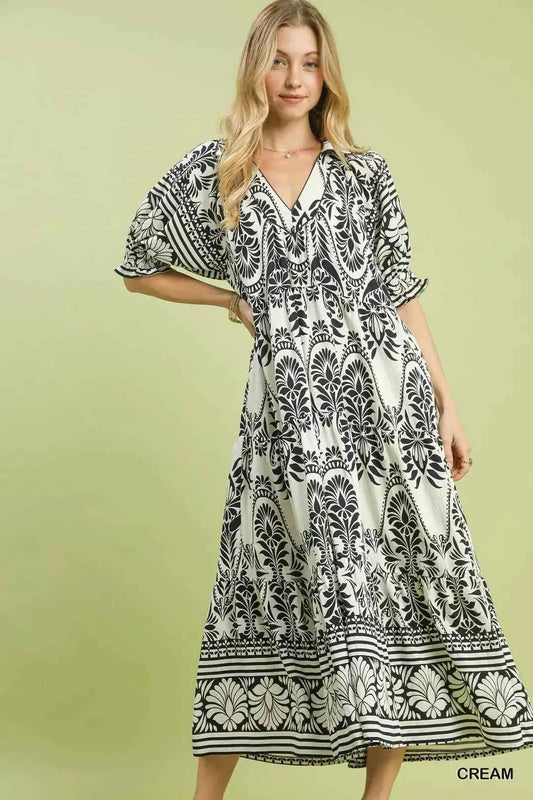Umgee Two tone Border Print Midi Dress