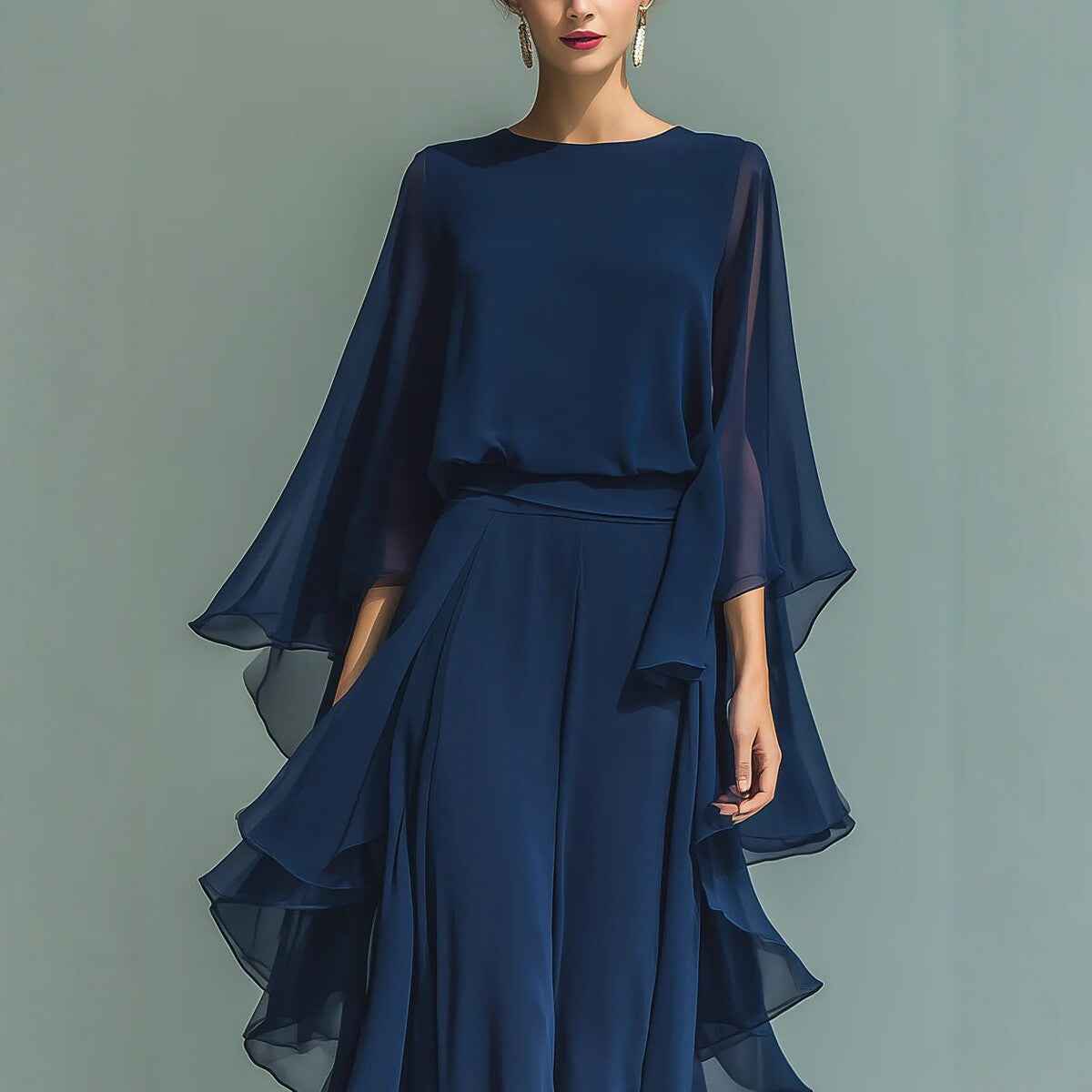 Deep Blue Ruffle Wide-Leg Pants Set for Women, Fashion Elegant Two-Piece Long Sleeve Casual Pants