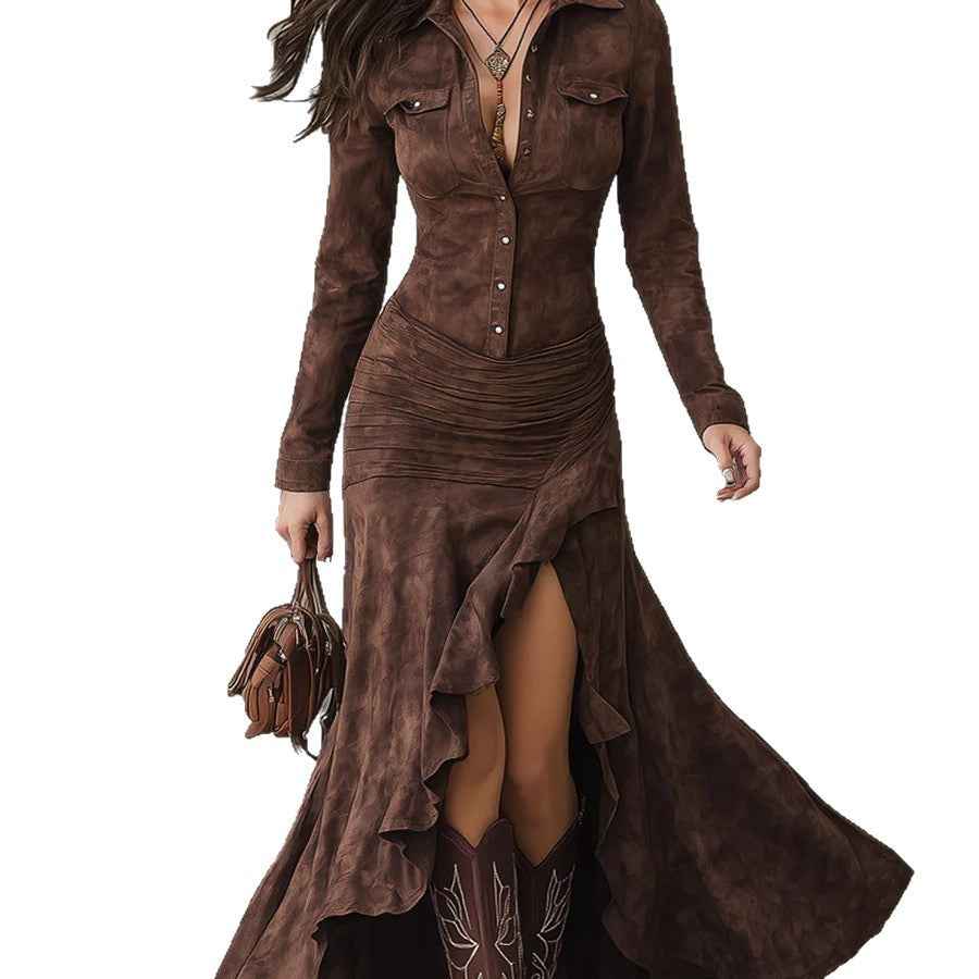 Elegant Zipper Stand Collar Slit Long Dress with Slim Fit