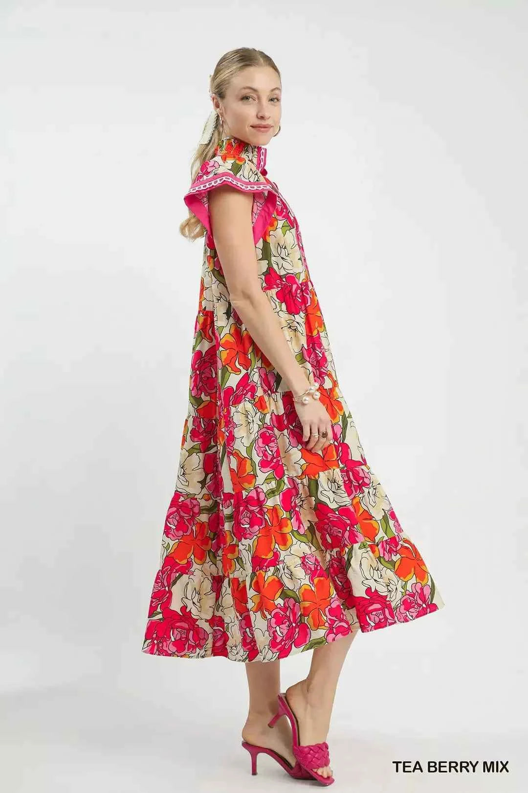 Umgee Mix Bold Floral Tiered Midi Dress