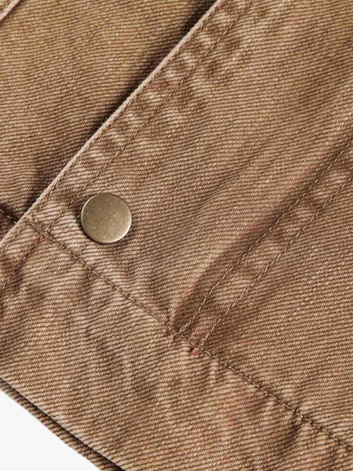 Leather Contrast Fold-Over Collar Multi Pocket Jacket