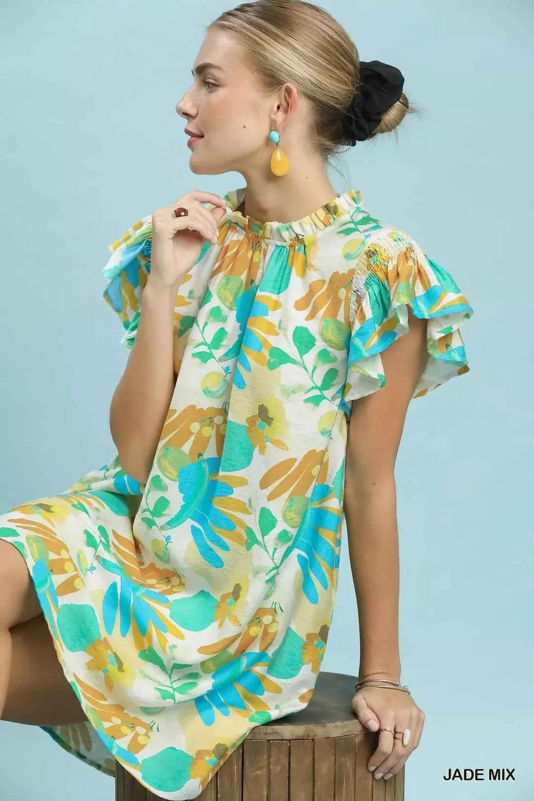 Umgee Ruffled Botanical Print Mini Dress