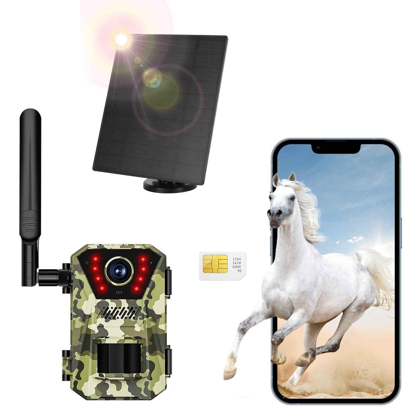 4G 4K 30FPS Solar Trail Camera Outdoor Wildlife Camera Motion Activated IP66 Waterproof with 140ºViewing Angle No Glow Night Vision SIM Card APP Contr