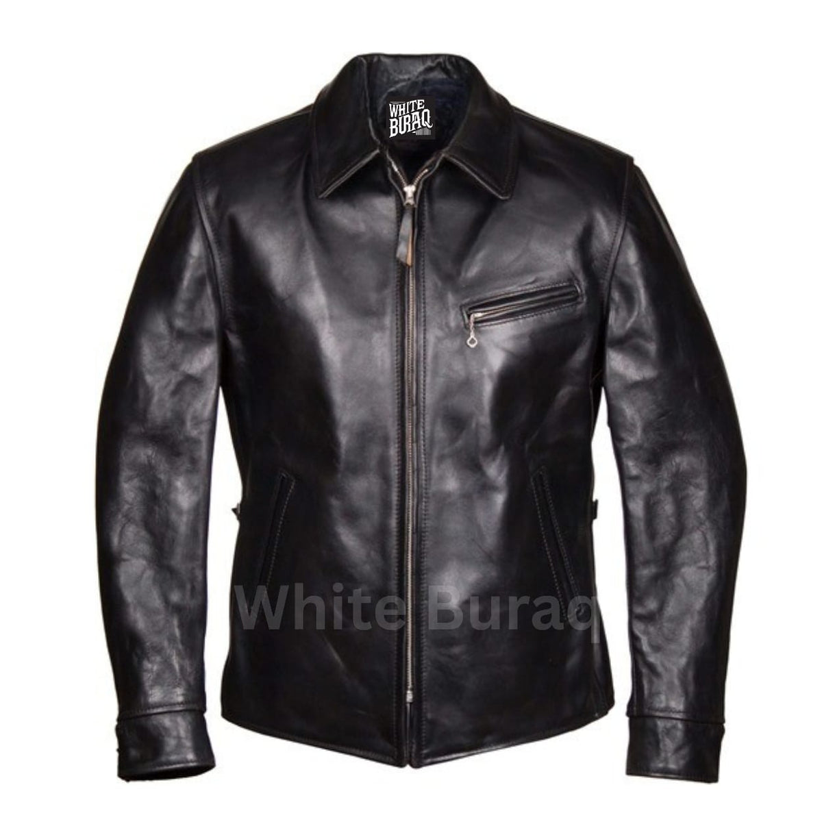 Men's Black Horsehide Half-Belt Leather Jacket