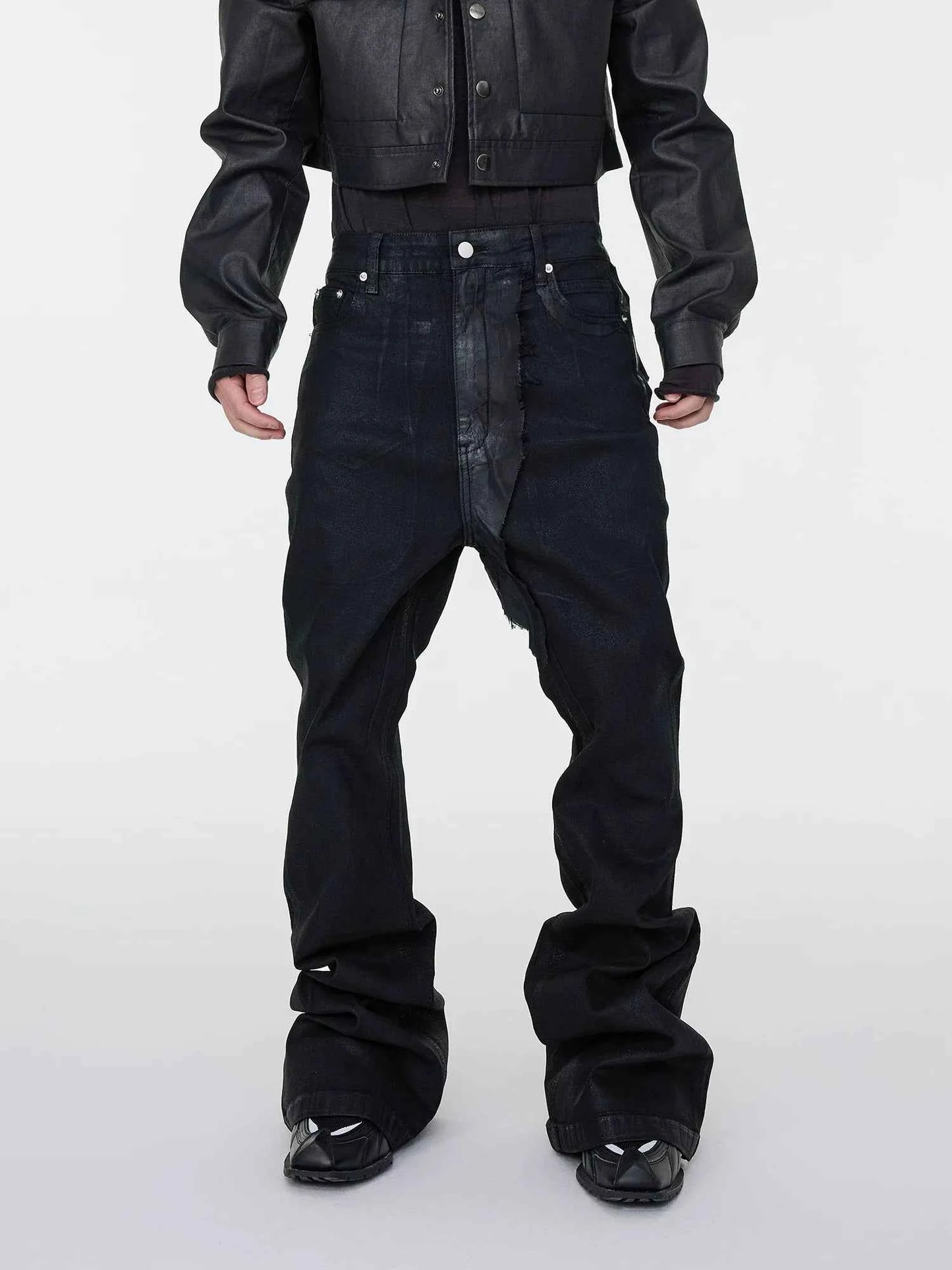 Black Wax Coated Flare Jeans