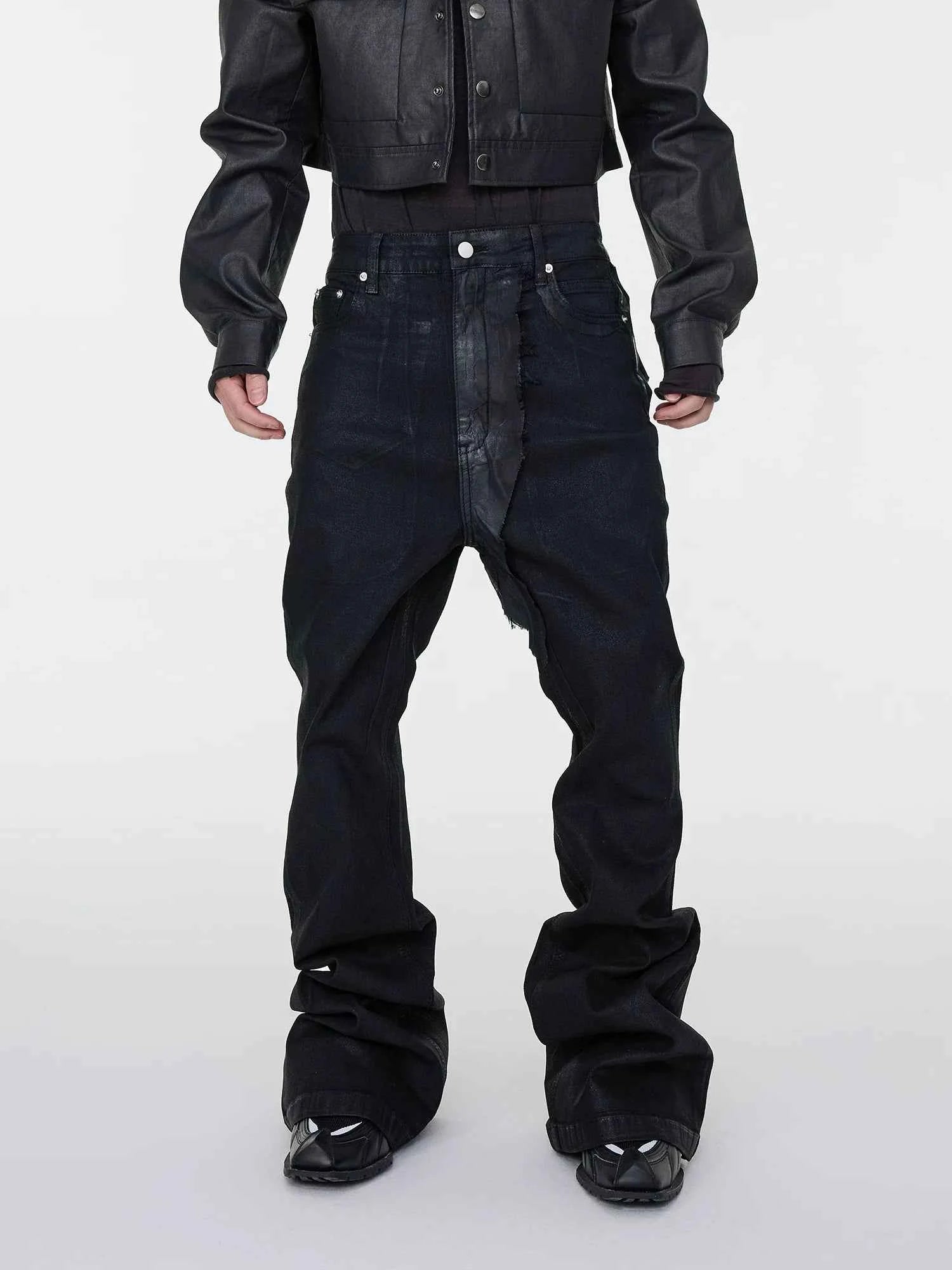 Black Wax Coated Flare Jeans