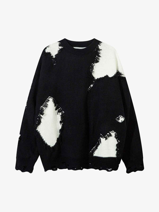 Niche Raw Edge Fringed Knit Sweater - Oversized Deconstructed Streetwear Jumper