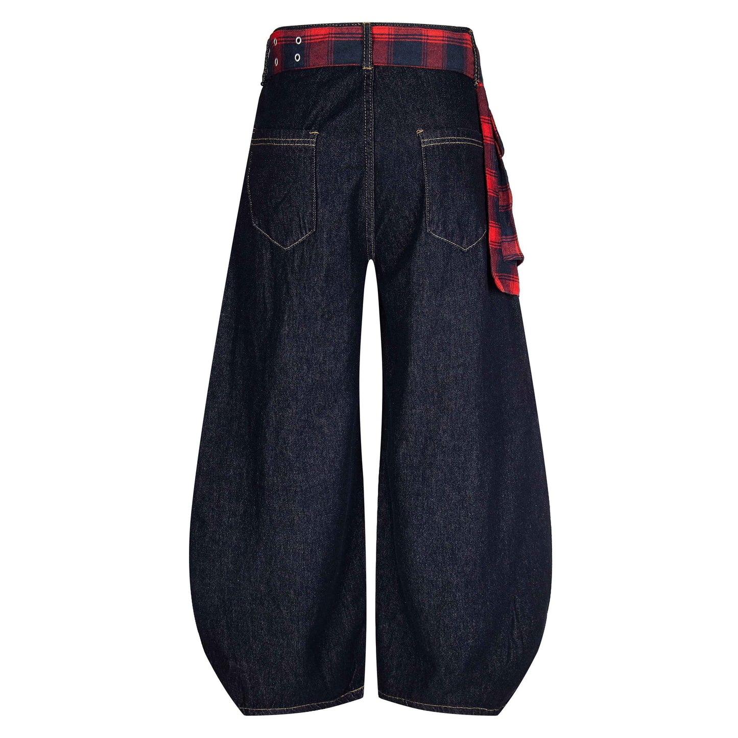 Plaid Reign | Wide-Leg Denim Trousers with Flannel Accent