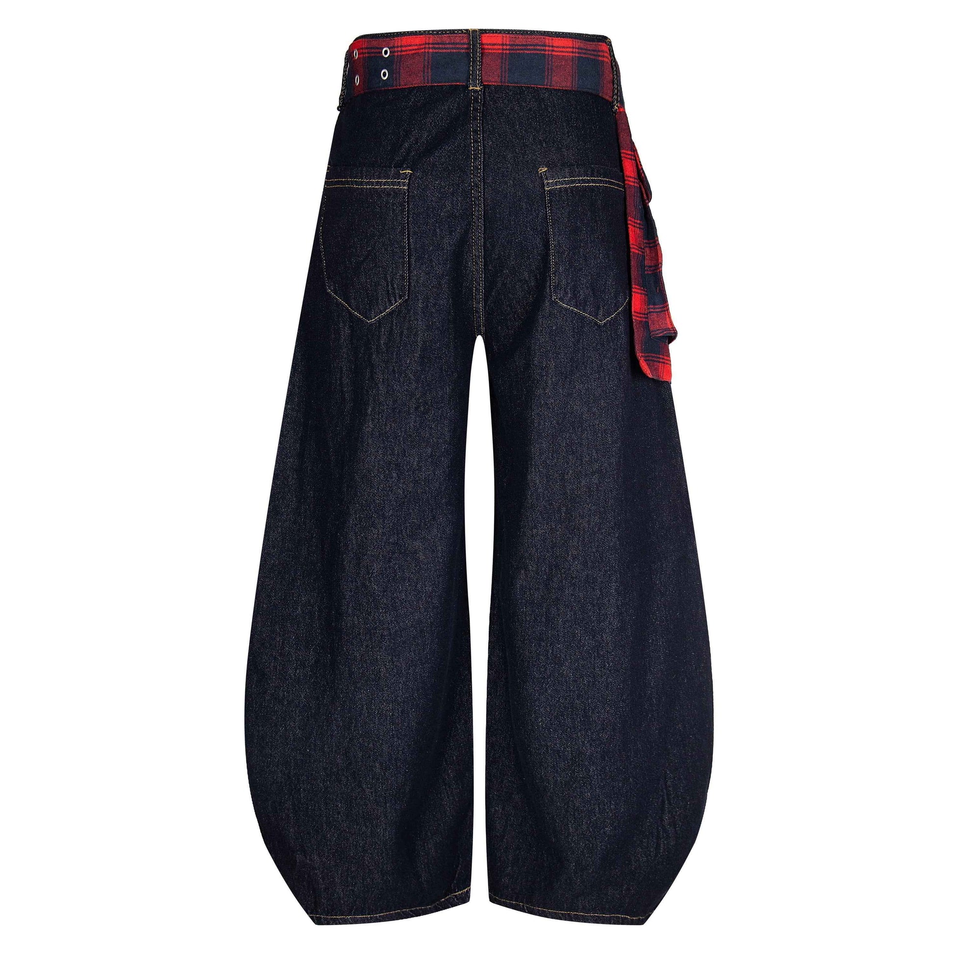 Plaid Reign | Wide-Leg Denim Trousers with Flannel Accent