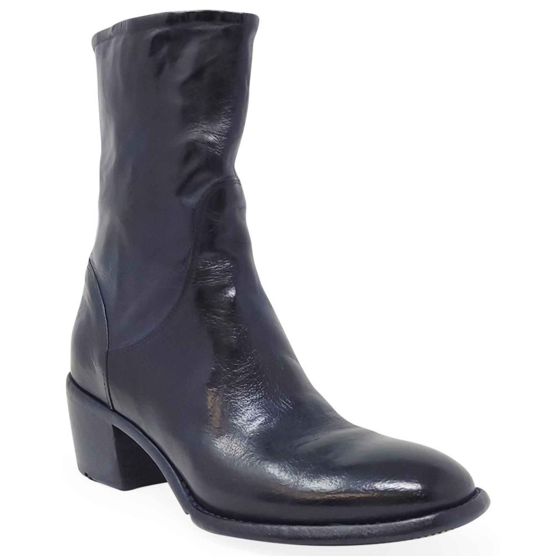 Navy Leather Mid Calf Boot