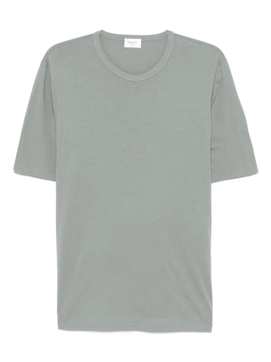 Saint Laurent Men Tonal Logo Embroidery Cotton T-Shirt