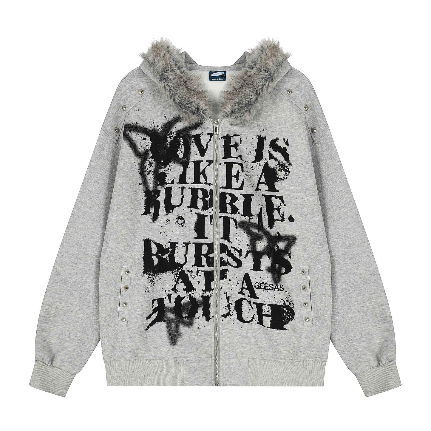 Graffiti Print Faux Fur | Zip Up Hoodie