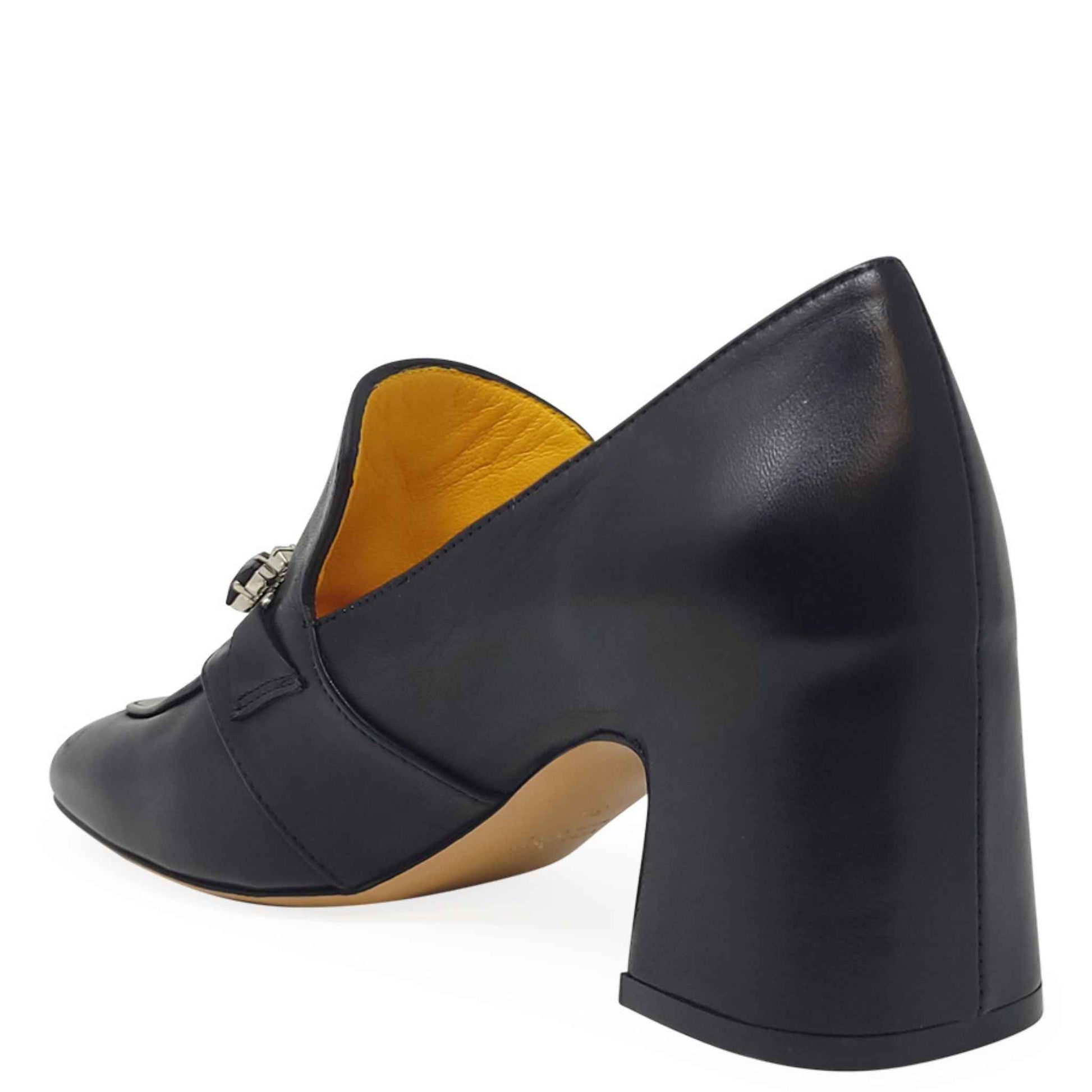 Black Leather Mid Heel Jeweled Loafer