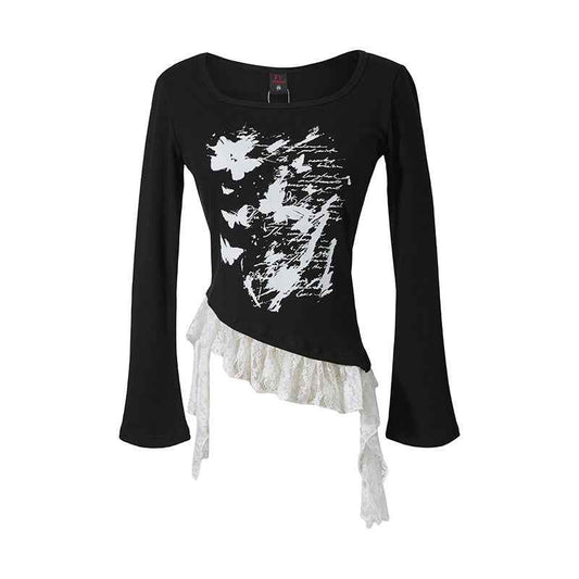 Butterfly Lace | Asymmetric Hem Printed Top