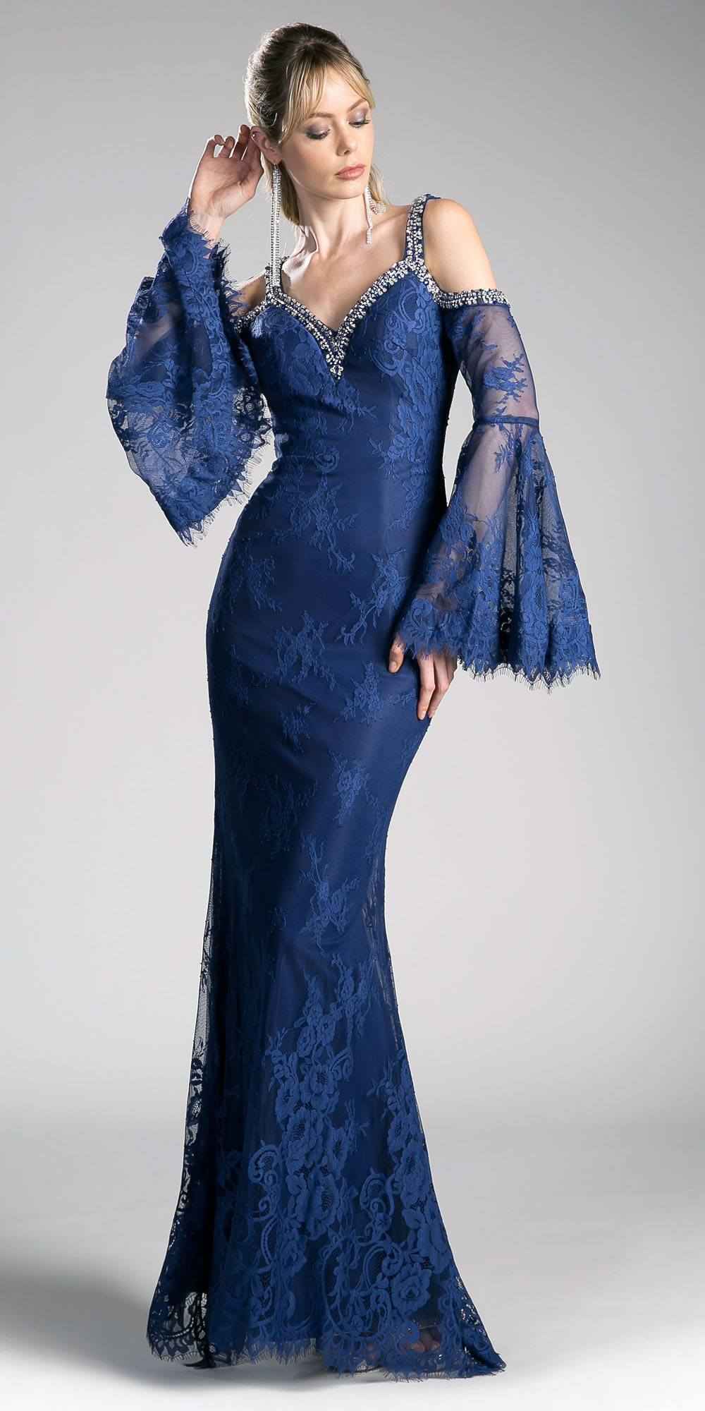 Cinderella Divine 13112 Cold Shoulder Long Sheath Dress Trumpet Bell Sleeves