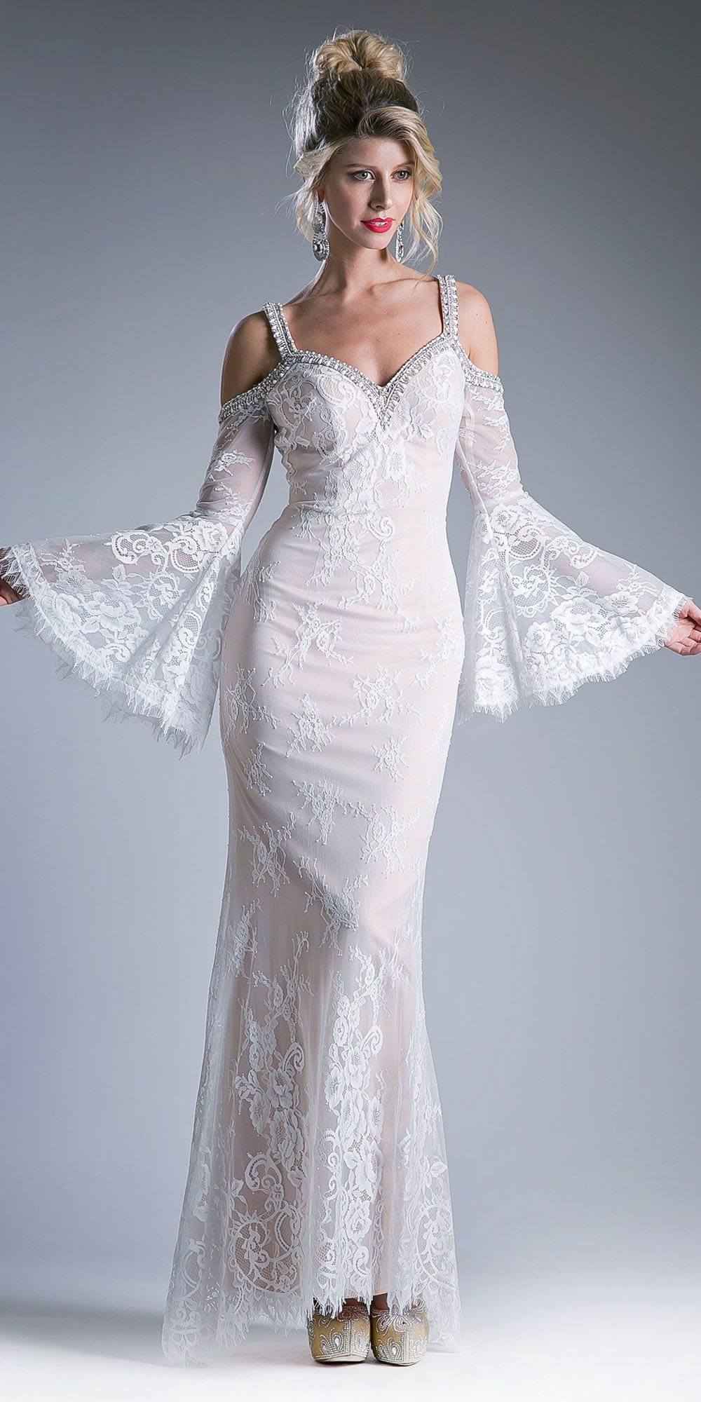 Cinderella Divine 13112 Cold Shoulder Long Sheath Dress Trumpet Bell Sleeves