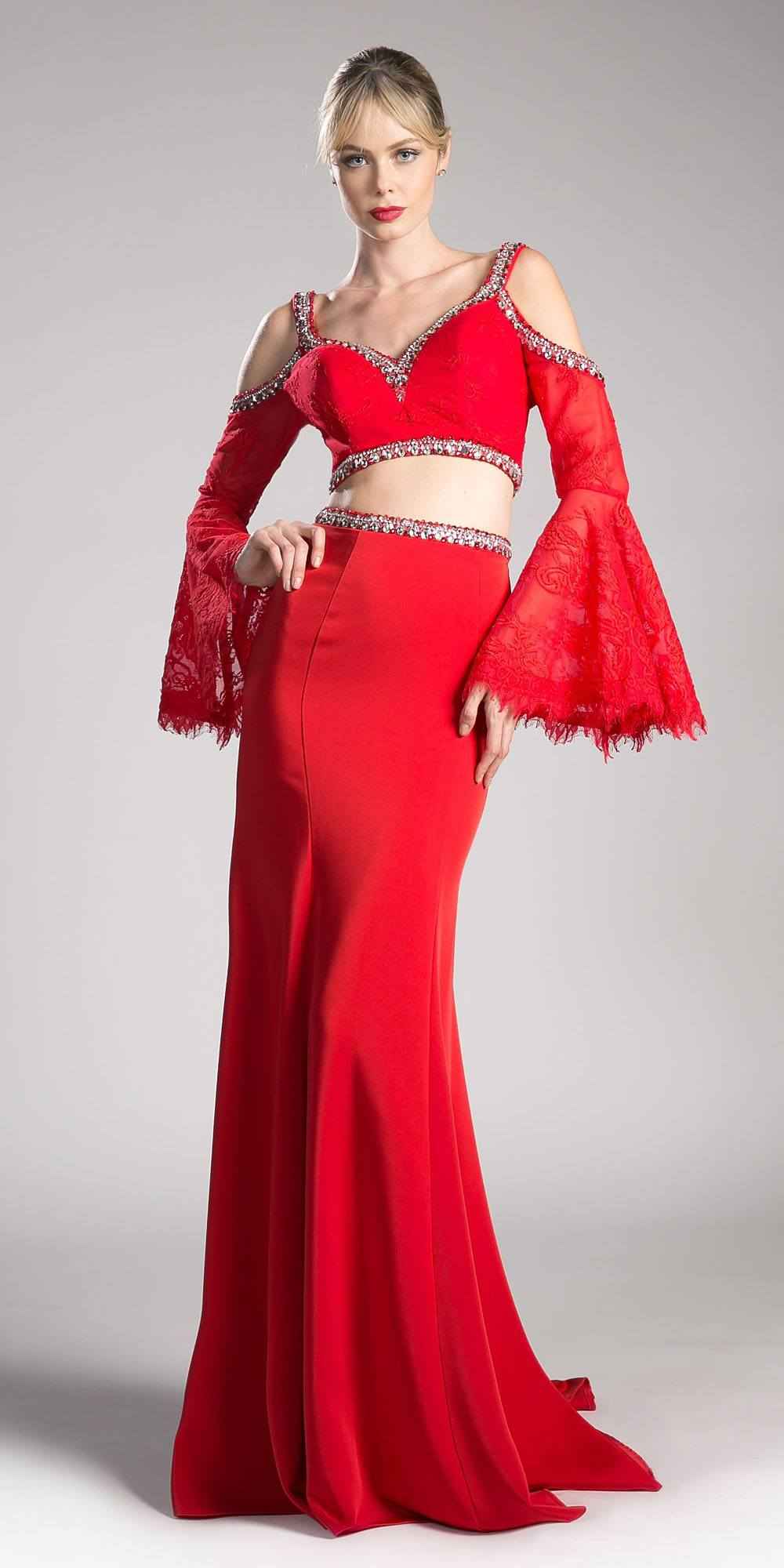 Cinderella Divine 13114 Two Piece Gown Cold Shoulder Trumpet Sleeves