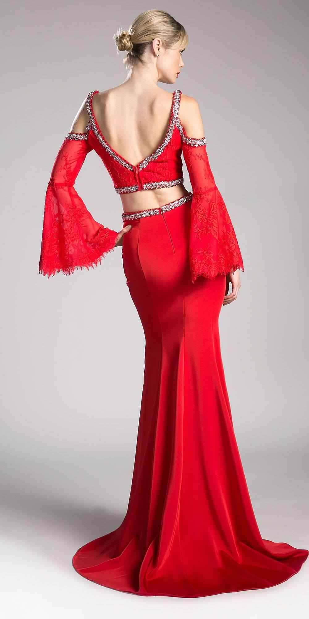Cinderella Divine 13114 Two Piece Gown Cold Shoulder Trumpet Sleeves