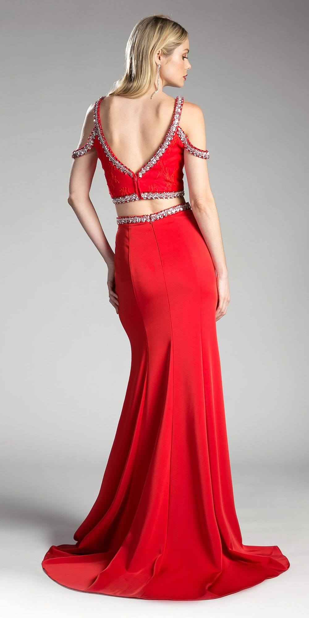Cinderella Divine 13114A Cold-Shoulder Crop Top Two-Piece Long Dress