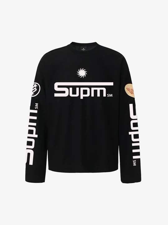 Textured Waffle SUPM Letter Graphic Long Sleeve T-Shirt - Luxuryurbanwear