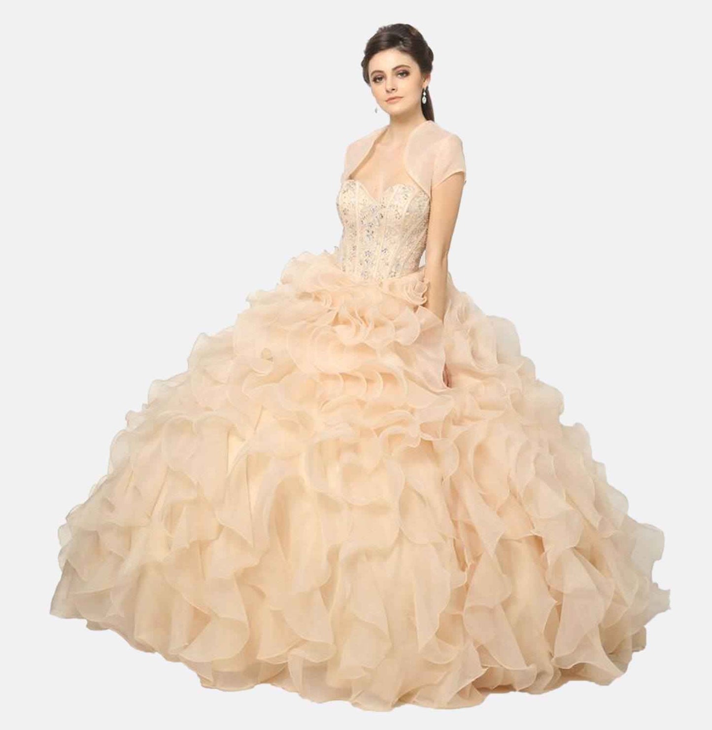 Juliet 1418 Cinderella Ball Gown Organza Ruffle Skirt Beaded Corset Bodice