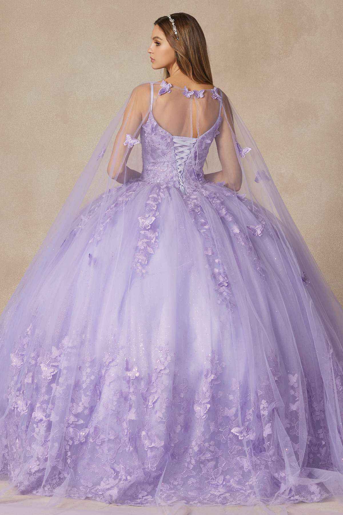 Juliet 1442 Long 3D Butterfly Appliques Strapless Bodice Cape Quinceanera Dress
