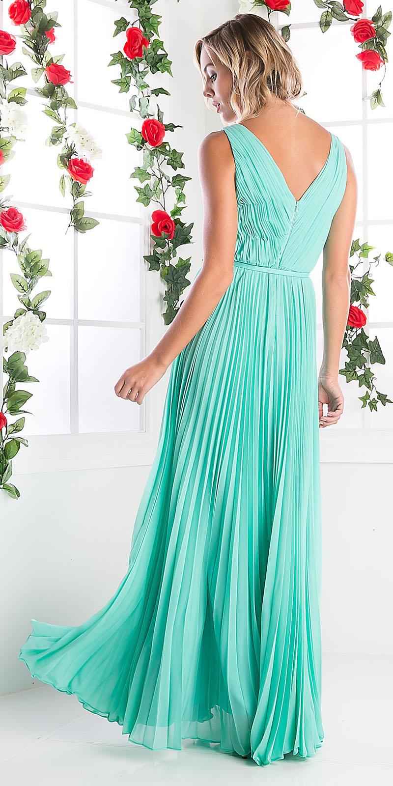Cinderella Divine 1499 Long Chiffon Pleated Sleeveless Dress With Belt