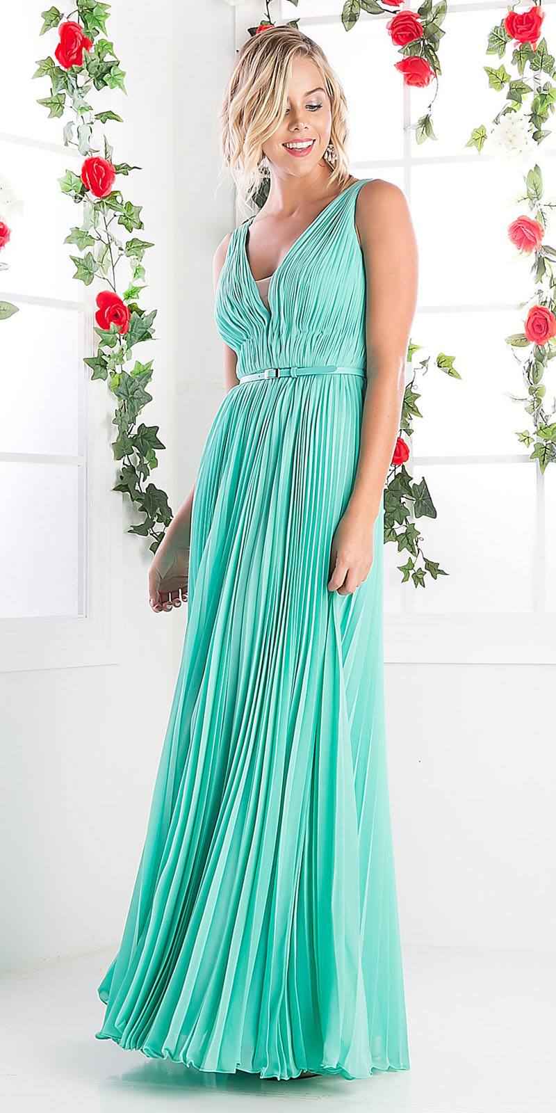 Cinderella Divine 1499 Long Chiffon Pleated Sleeveless Dress With Belt
