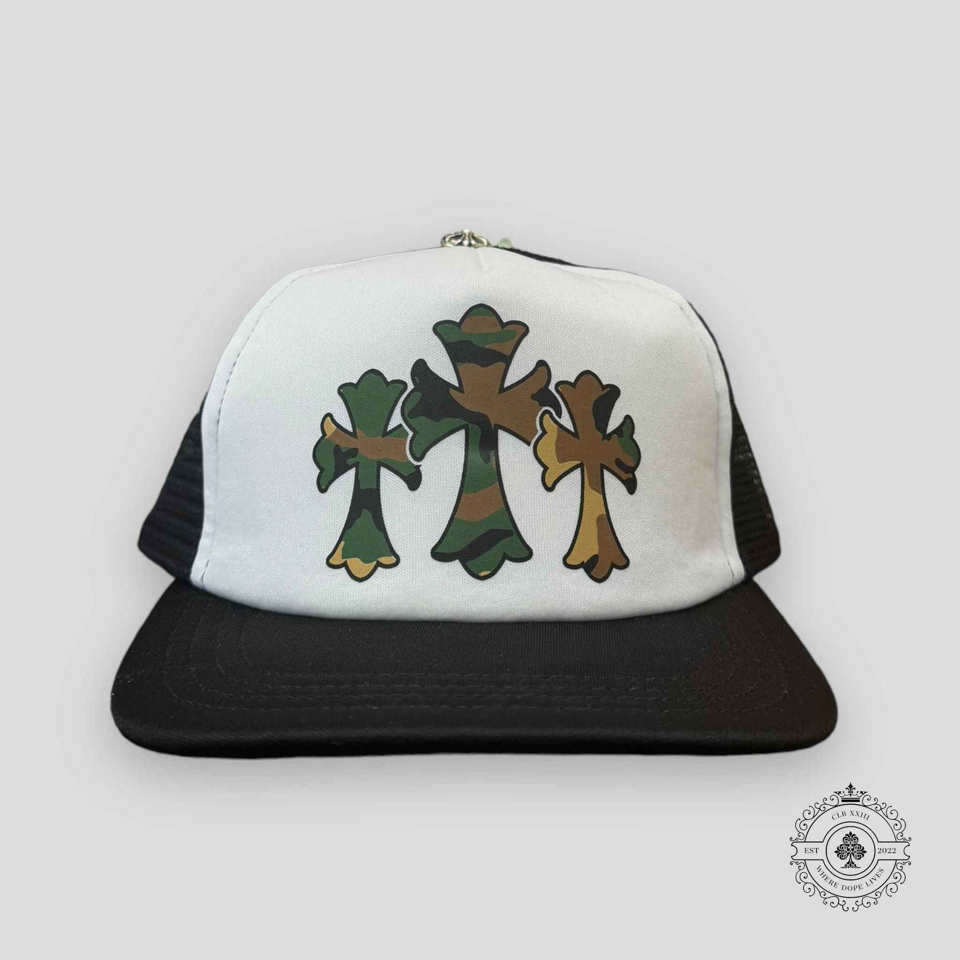 Chrome Hearts Triple Cross Trucker Hat in White / Camo