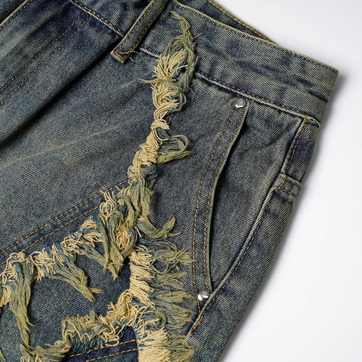 Shredded Panel Denim Shorts