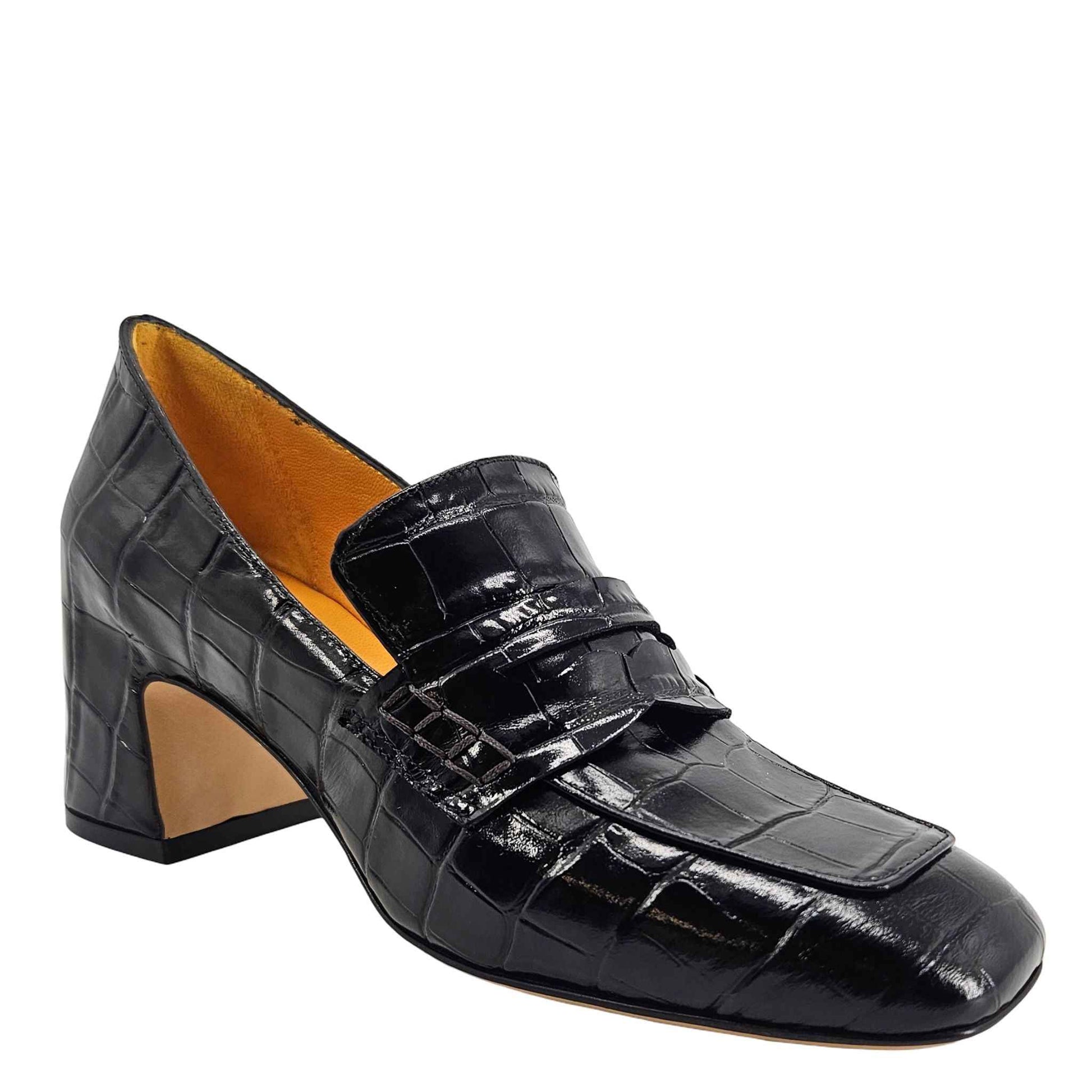 Black Leather Heel Moc Croc Leather Loafer