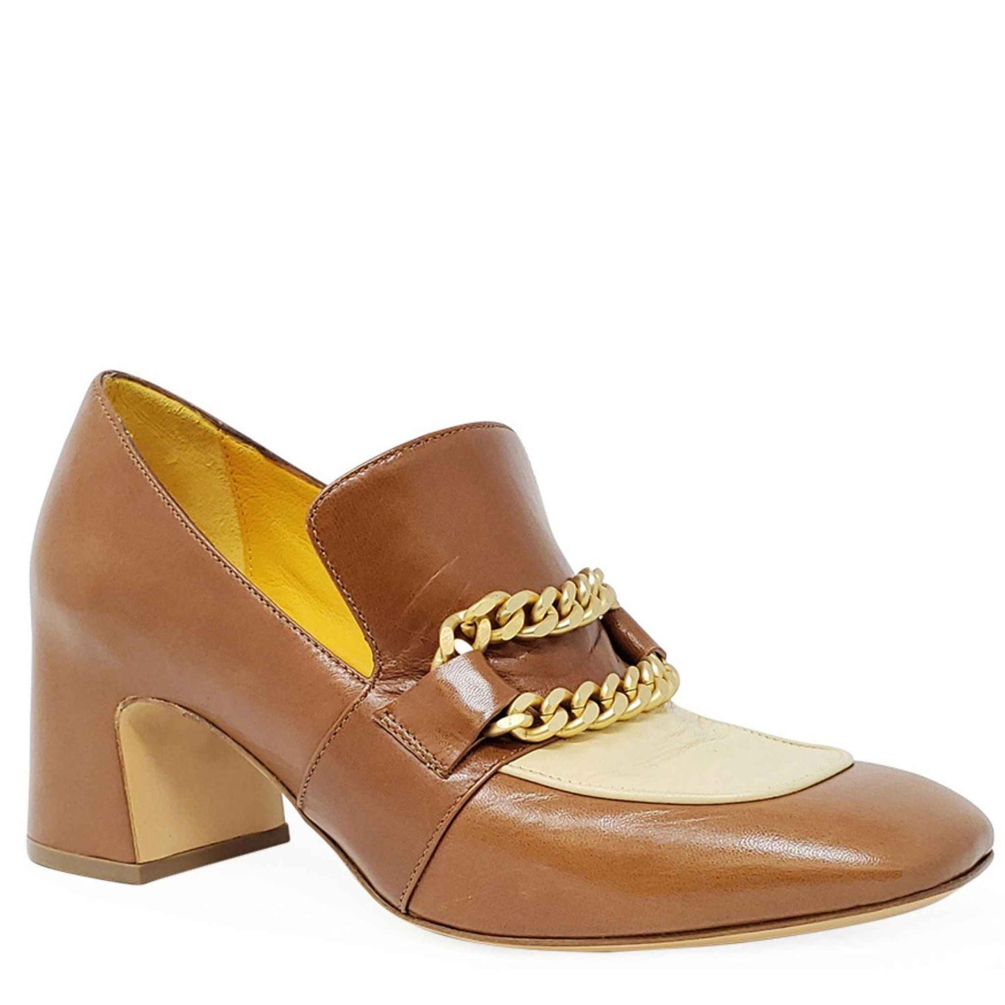 Tan & Cream Leather Mid Heel Loafer W/Chain