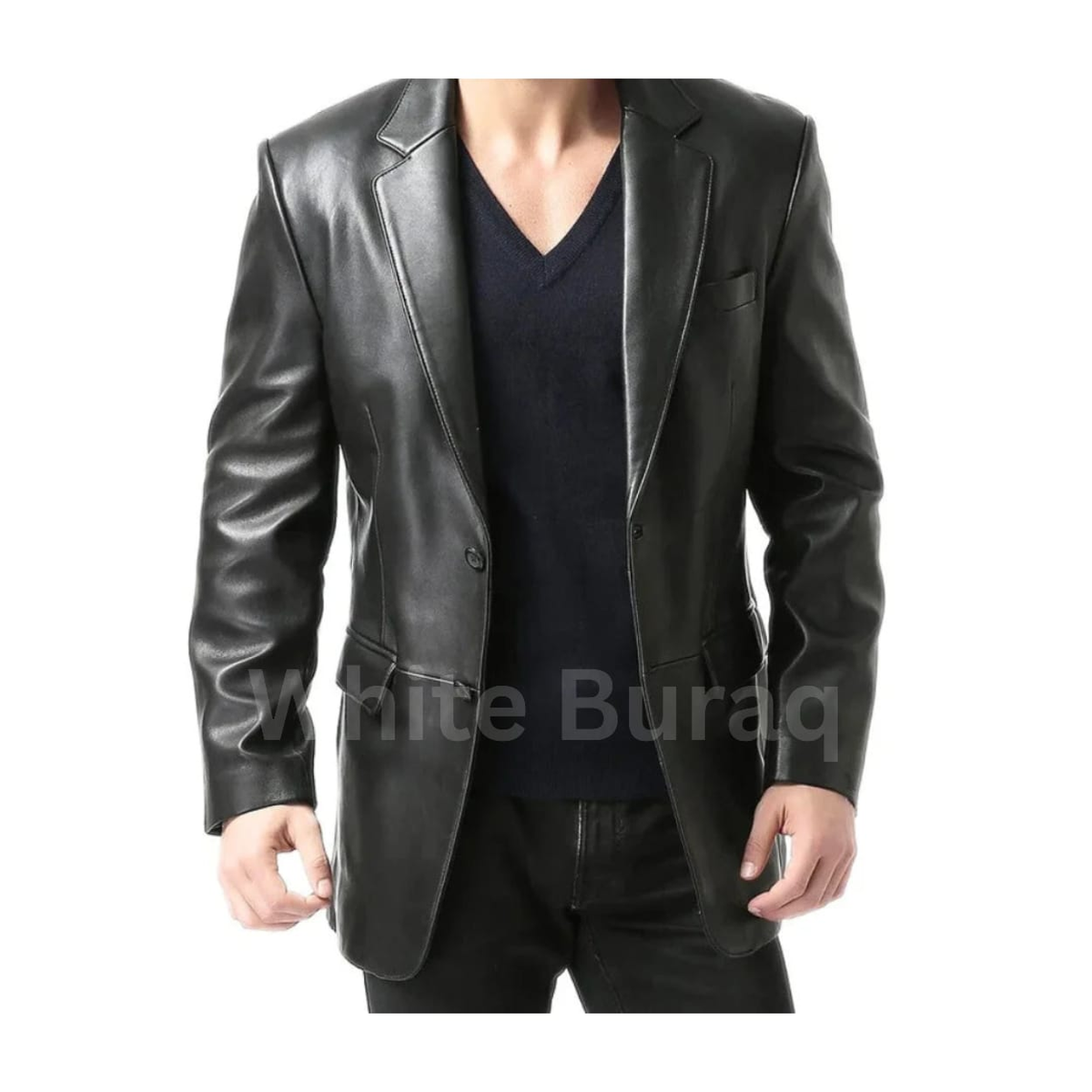 Men's Black Leather Two-Button Blazer