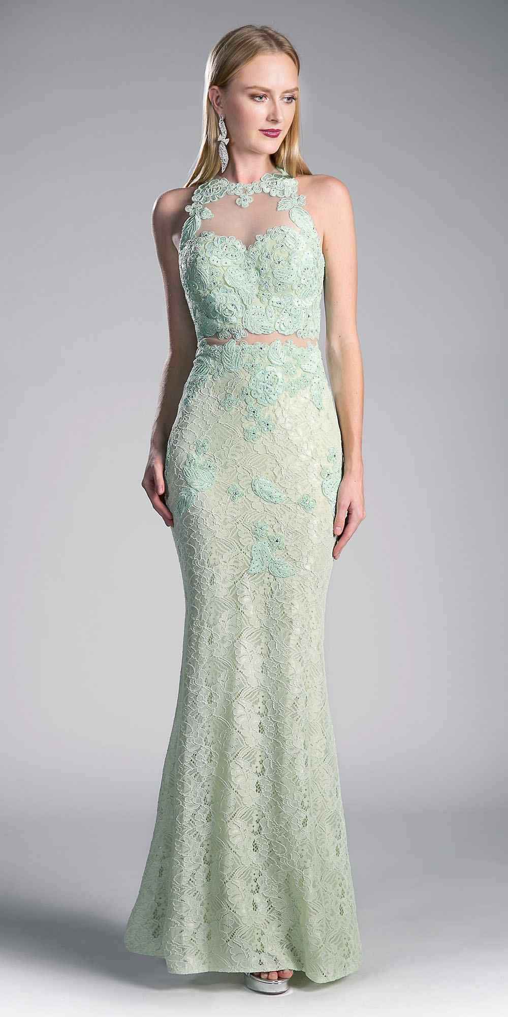 Cinderella Divine 1586 Halter Lace Appliques Mock Two-Piece Gown