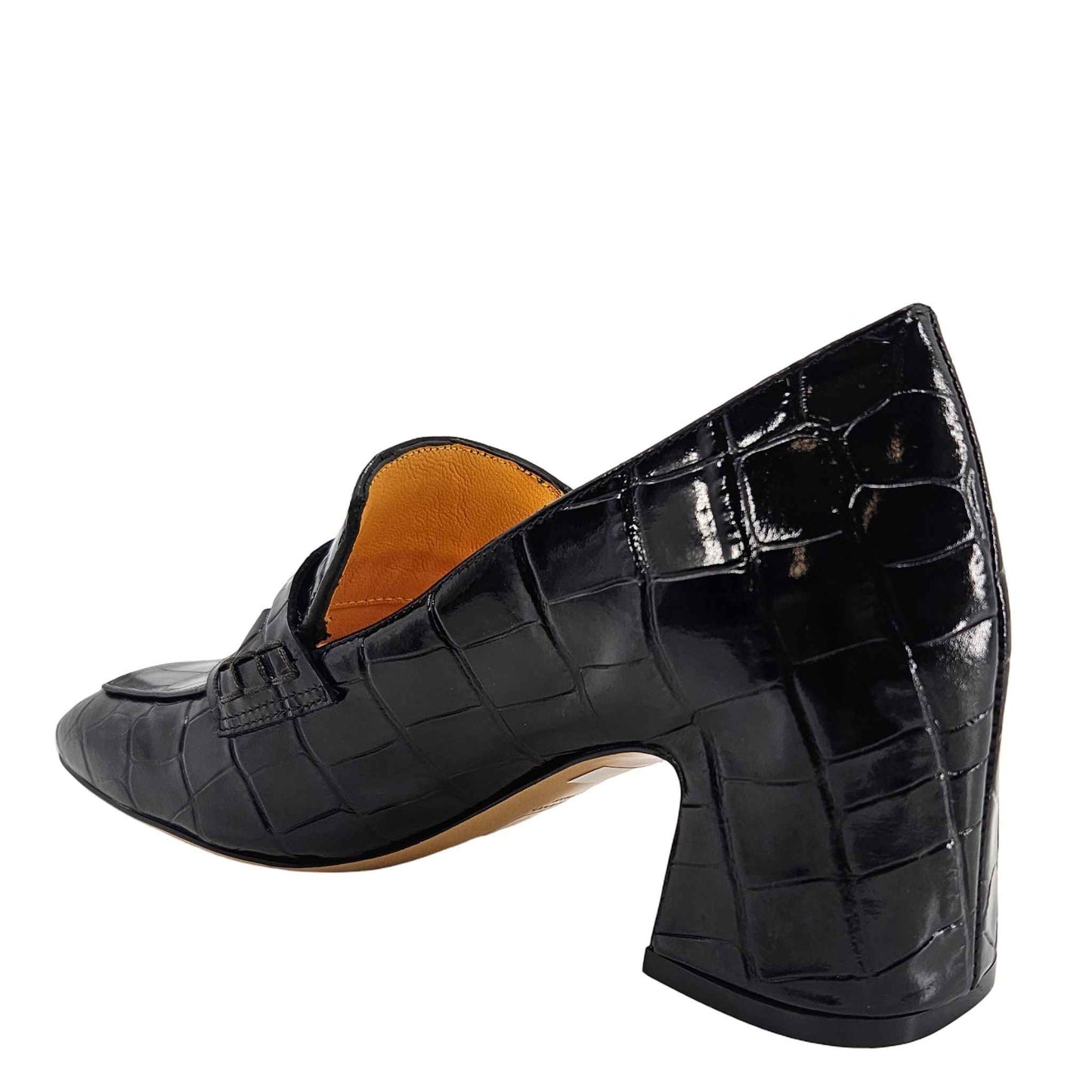 Black Leather Heel Moc Croc Leather Loafer