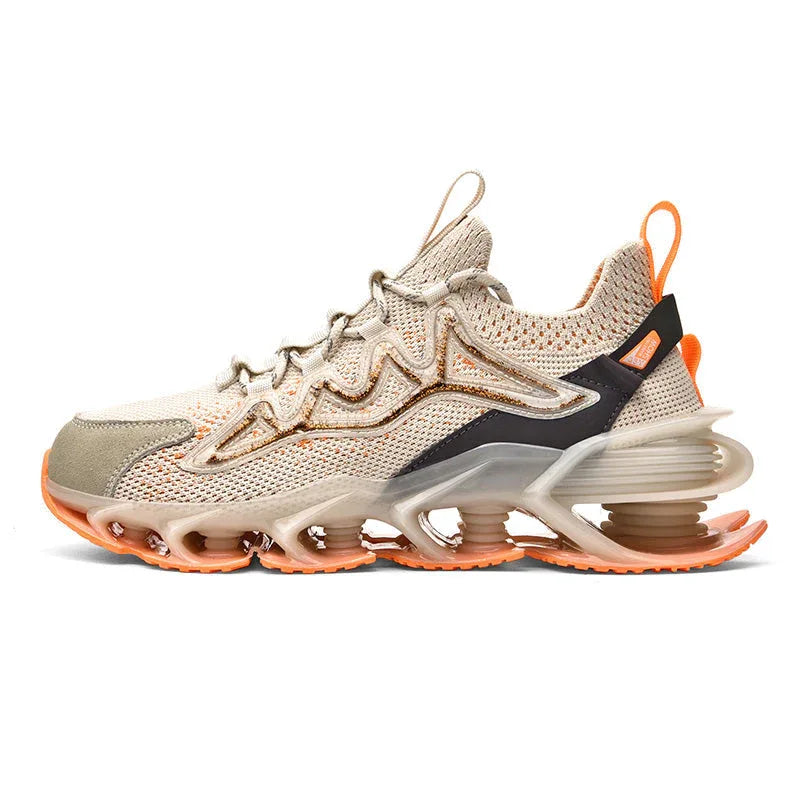Nova Sole T84 Sneakers - LUXURYURBANWEAR in beige and orange tones, showcasing a breathable knit upper and advanced cushioning sole.