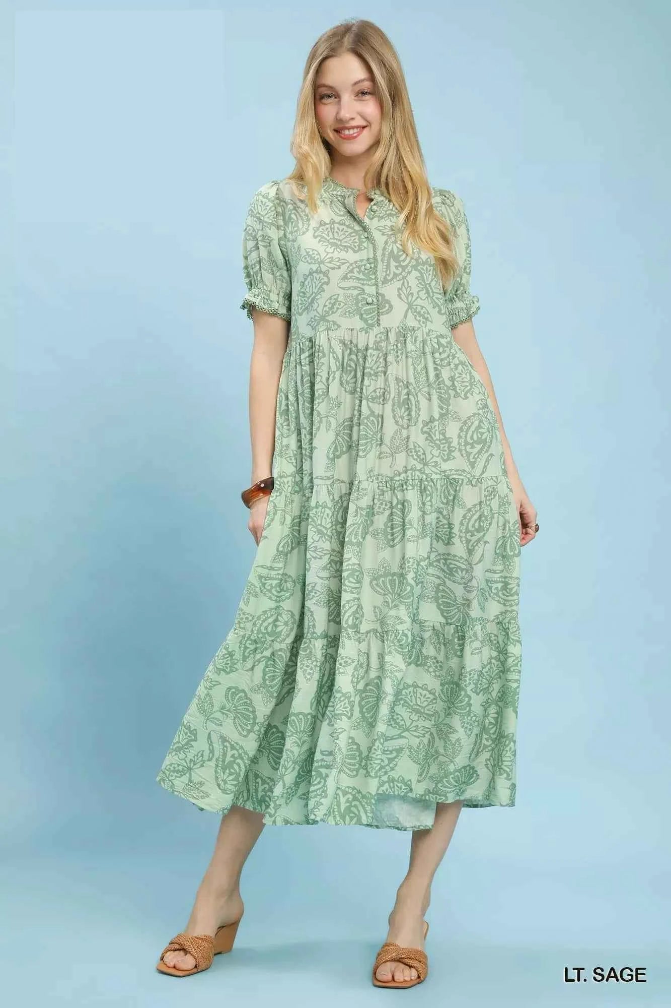 Umgee Paisley Print Tiered Midi Dress