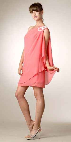 CLEARANCE - Eureka 1902 Layered One Shoulder Short Chiffon Coral Dress (Size M)
