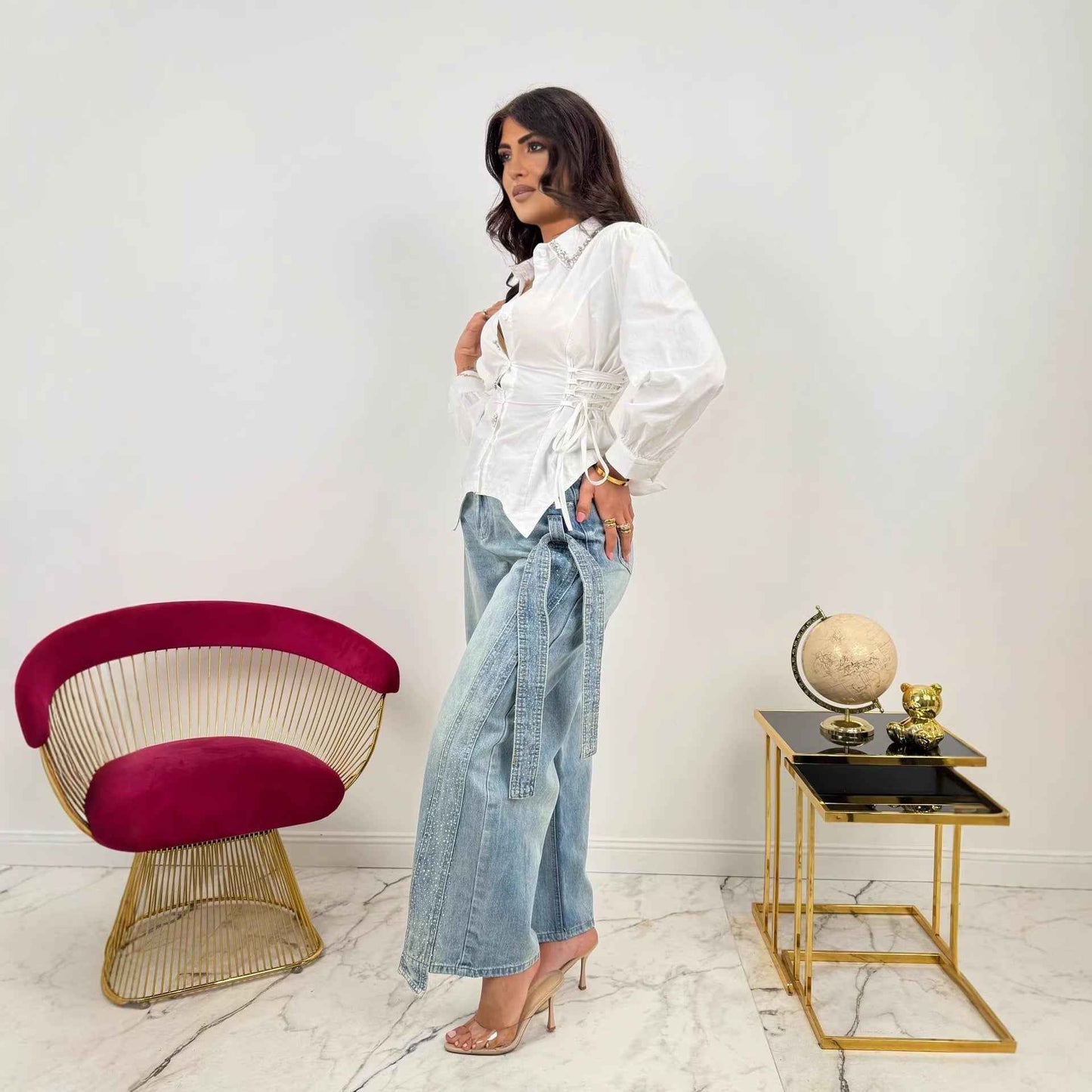 Fashion Heavy Rhinestone Side Bow Decorated Washed Denim Pants