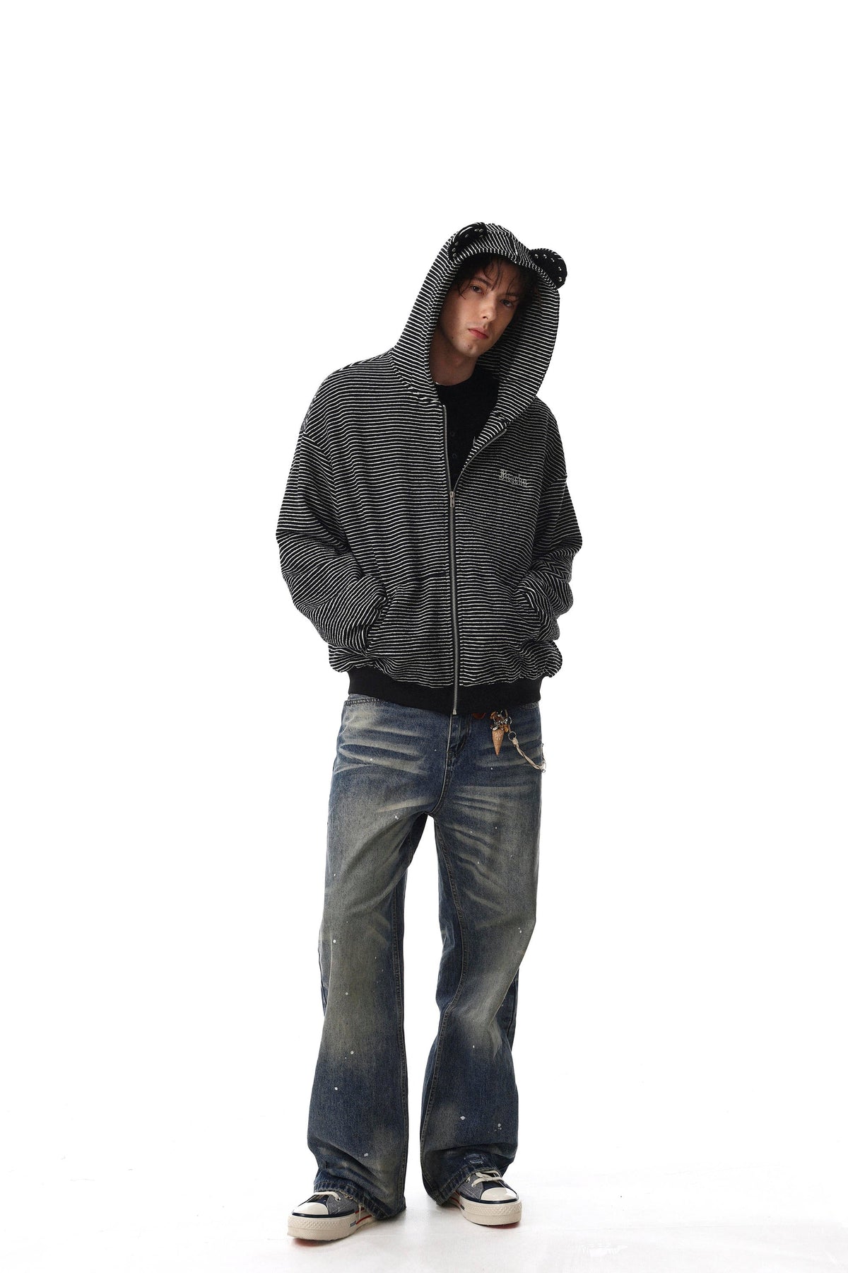 Bear Ear Striped Zip Hoodie
