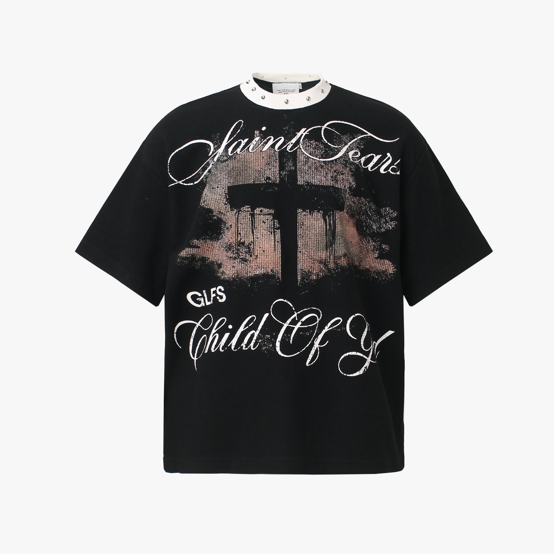 Gothic Cross Print Studded Collar Waffle Knit Graphic T-Shirt
